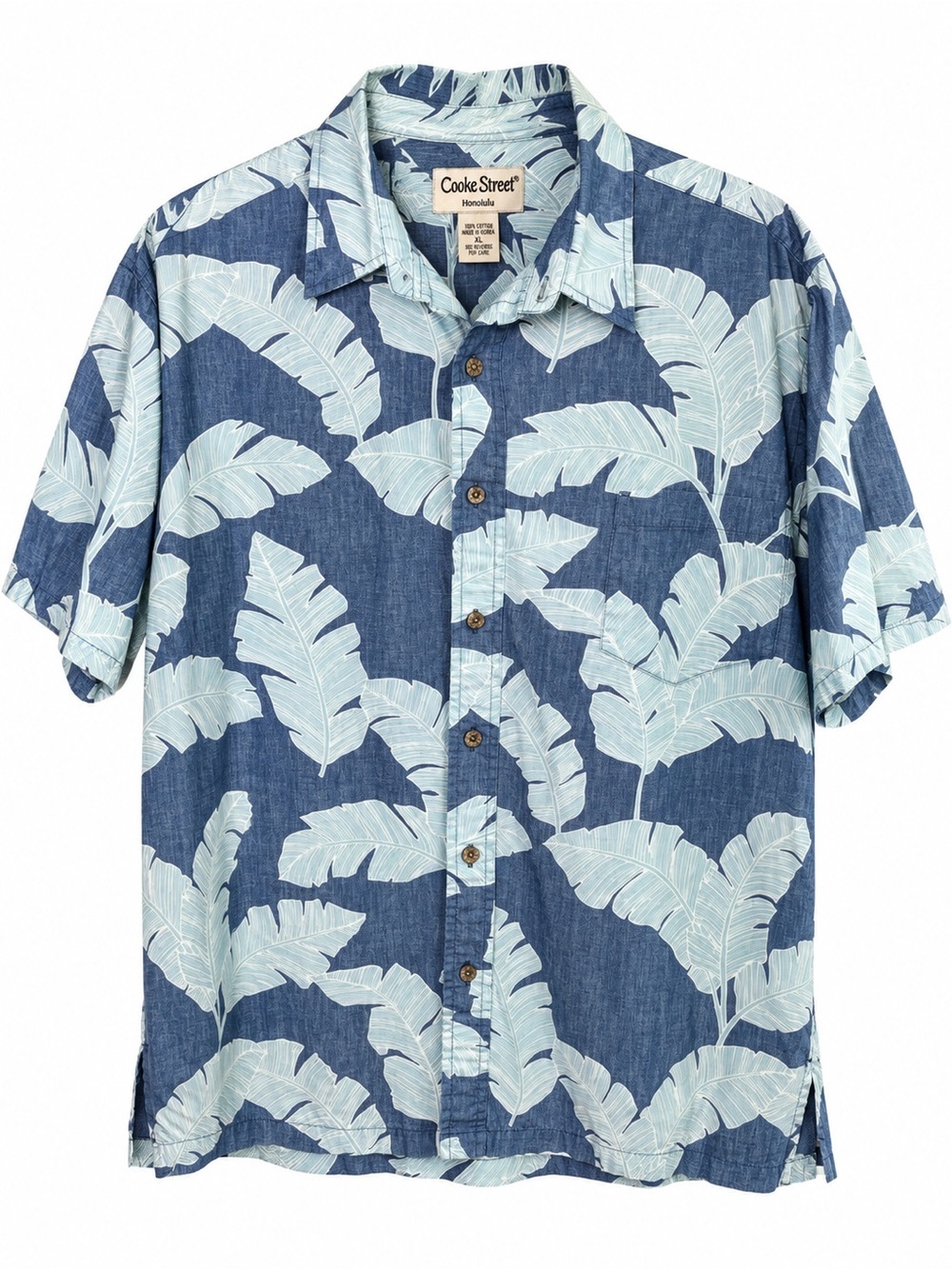 Cooke Street Honolulu 2XL Hawaiian Shirt Blue Reverse Banana Leaf Print Cotton